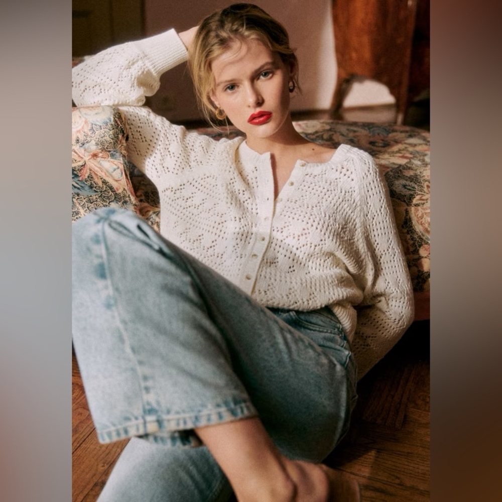 Sézane Cream Open-Knit Button Cardigan Sweater